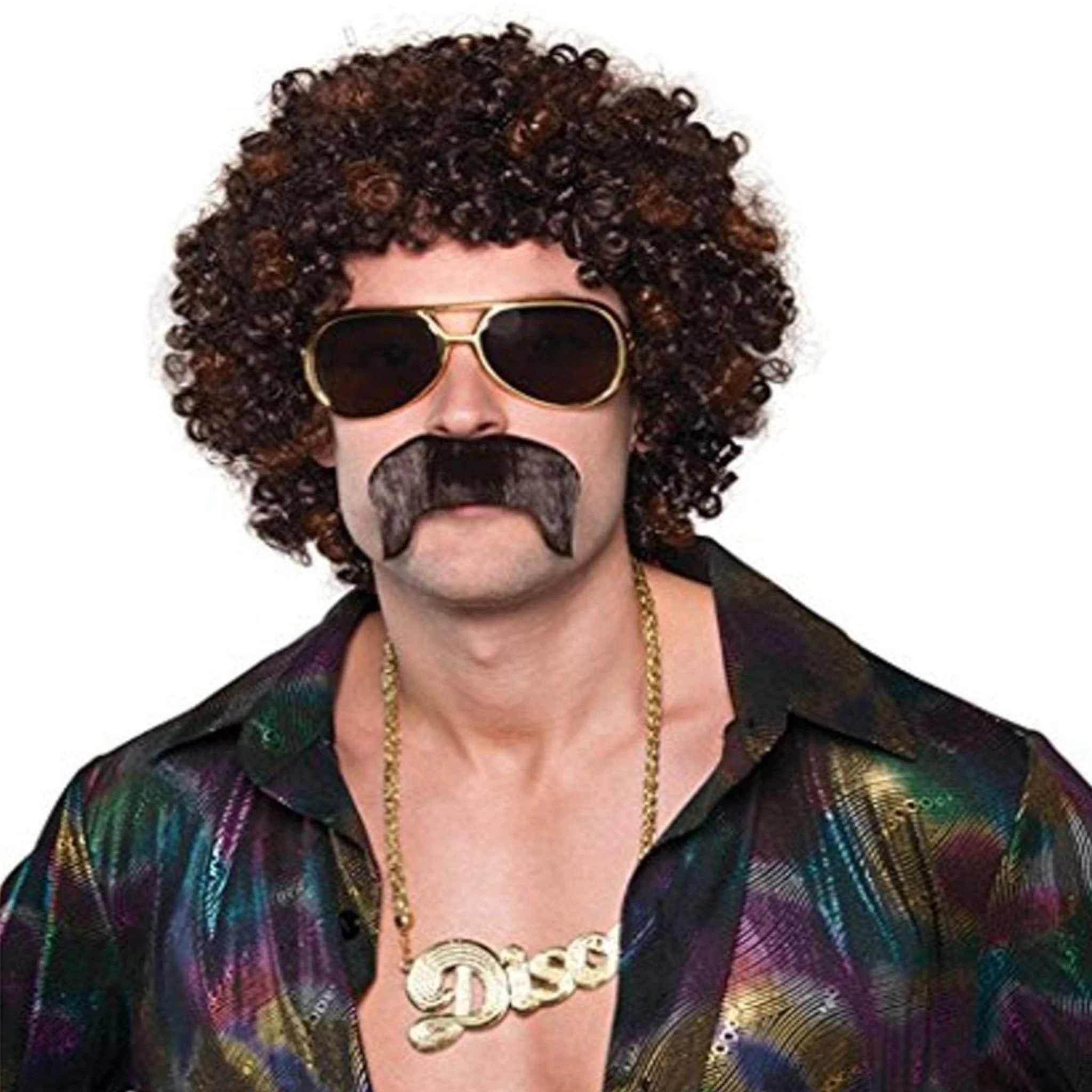 Disco Hound Mens Adult 70s Afro Wig & Moustache Set 1970s Fancy Dress Costume