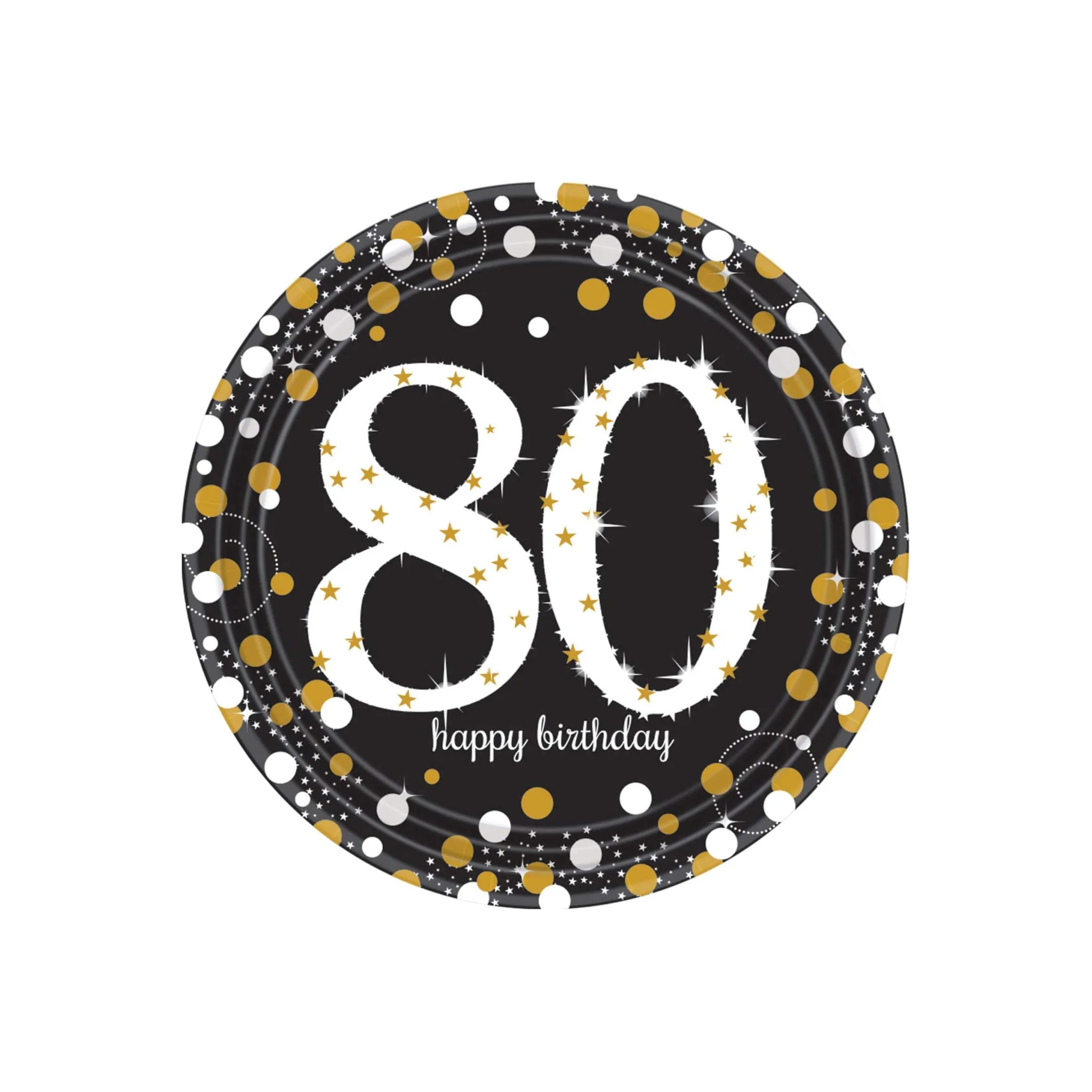 Happy 80th Birthday Plate Gold Sparkling 9in 22.9cm 8pk