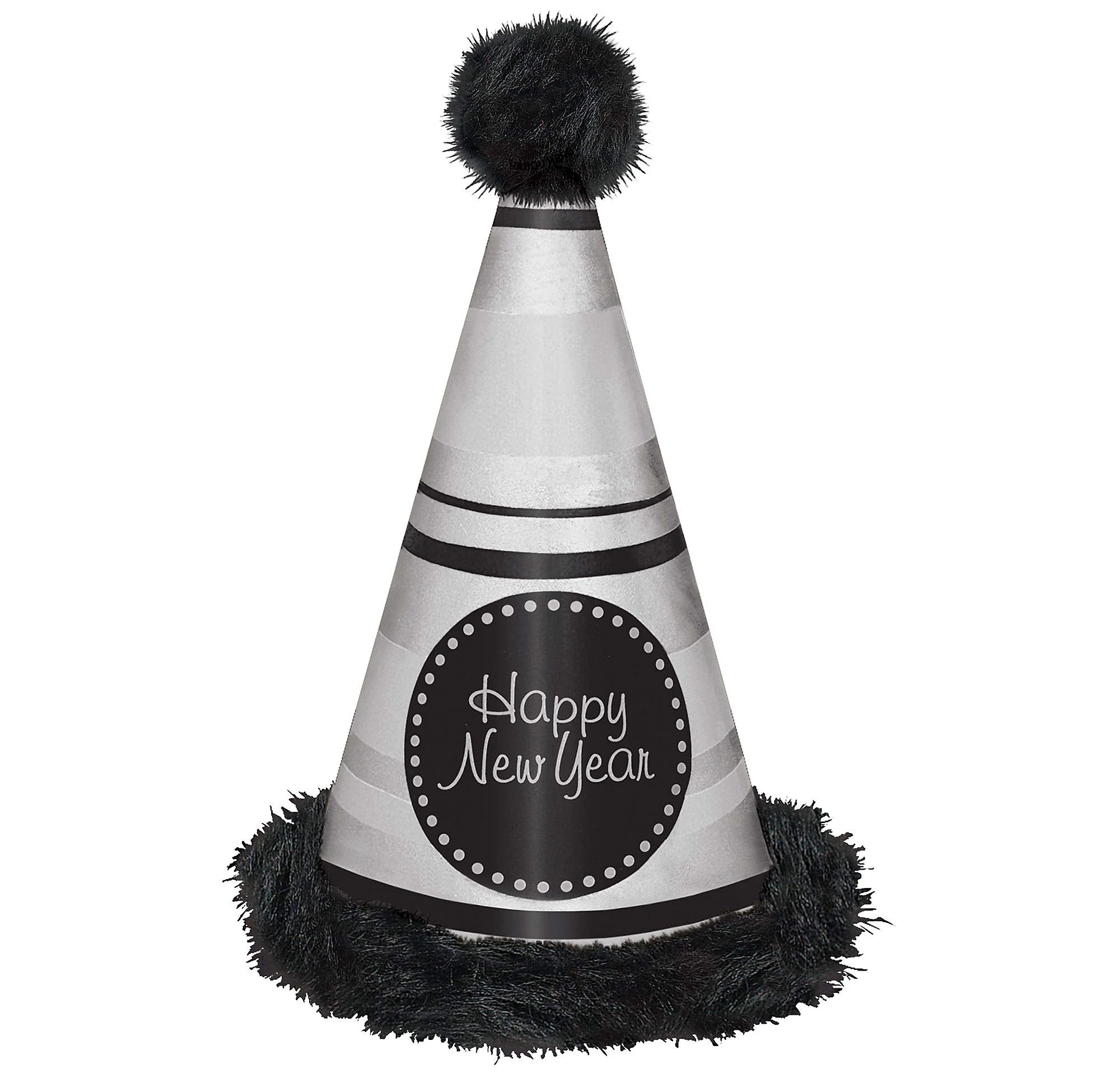 Happy New Year Black Fluffy Party Hat Silver 33cm