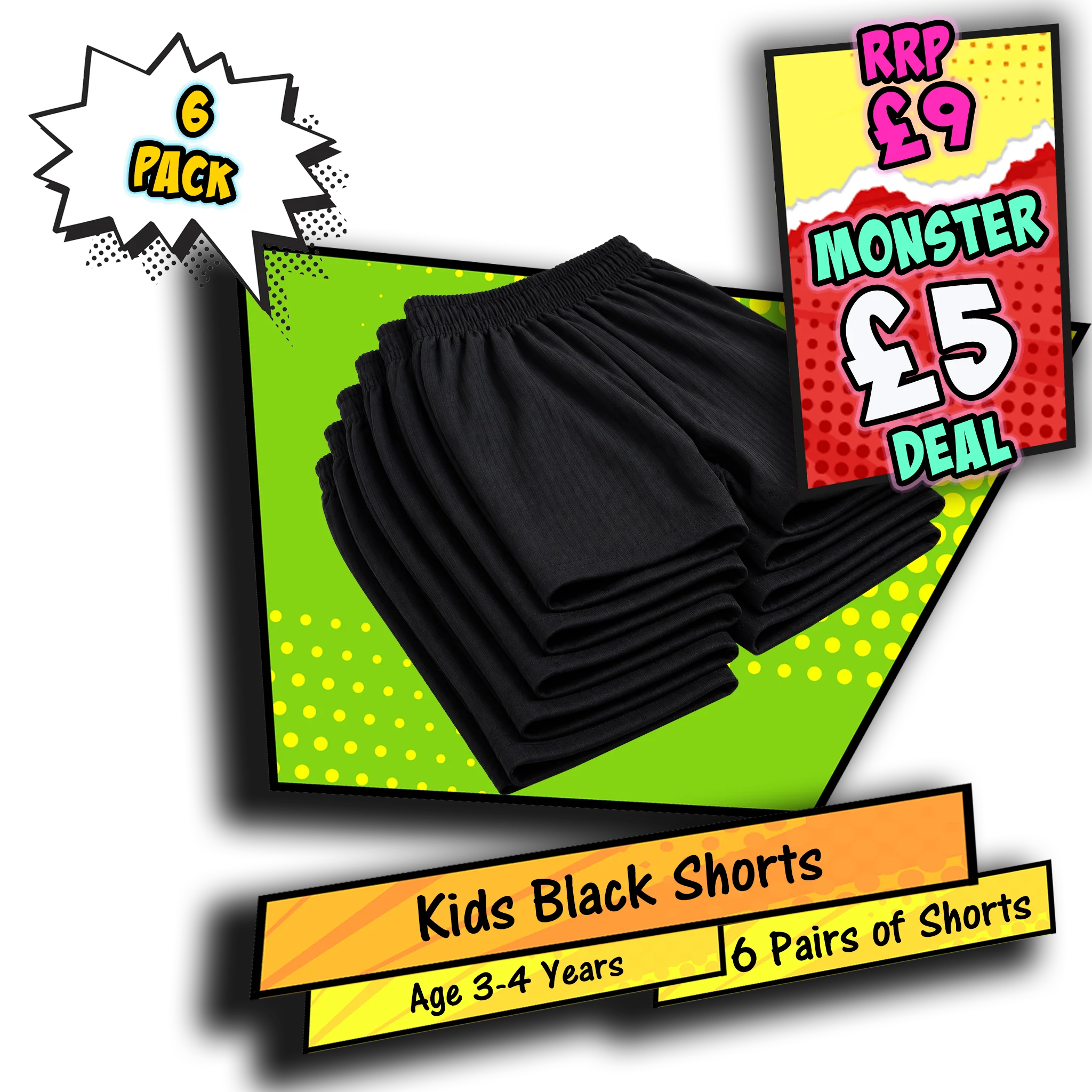 Kids Black Football Shorts 6 Pack Age 3-4 Years PE Sports